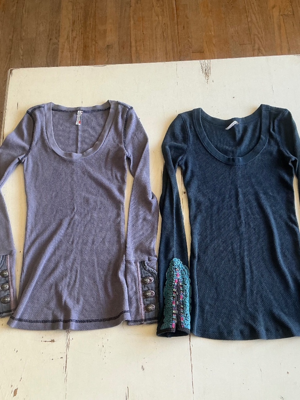Bundle of 2 FREE PEOPLE Waffle Knit Thermal tops w/embellished cuffs Small